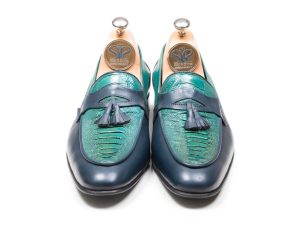 کفش مردانه مدل هیرو پلاس چرم ساق پای شترمرغ رنگ سبز و آبی
